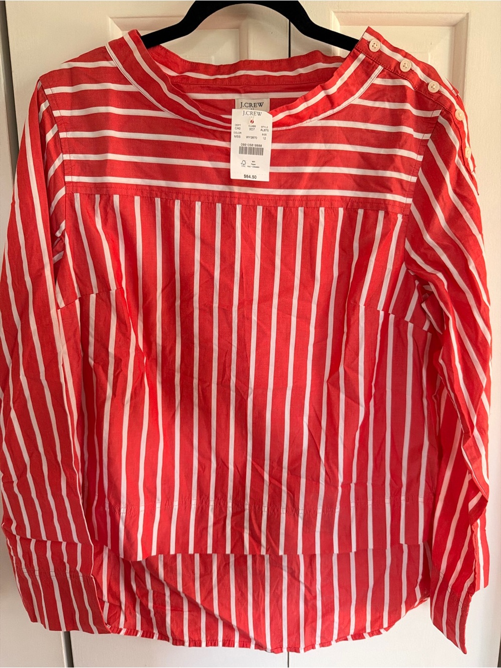 J. Crew Red & White Striped Button-Shoulder Blouse